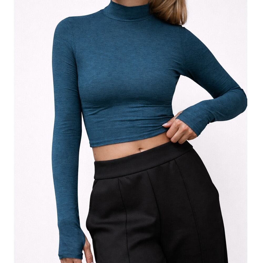 Beyond Yoga Featherweight Moving On Cropped Pullover Top Blue Teal Women's Med